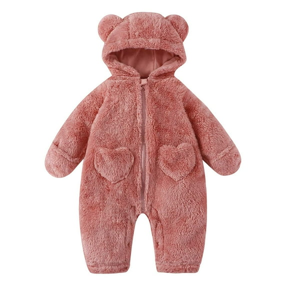 KAUOD Boys Girls Front Zipper Hooded Jumpsuits Fuzzy Padded Winter Snowsuit Bodysuit New Born Plain Plush Warm Romper Outfits