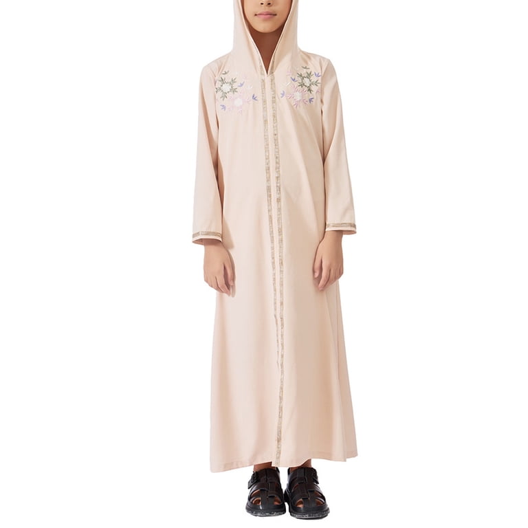 KAUOD Boys Girls Muslim Hooded Thobe Flower Embroidery 𝐈slamic Kids Prayer Dress Toddler Cute Soft Abaya Traditional Clothes