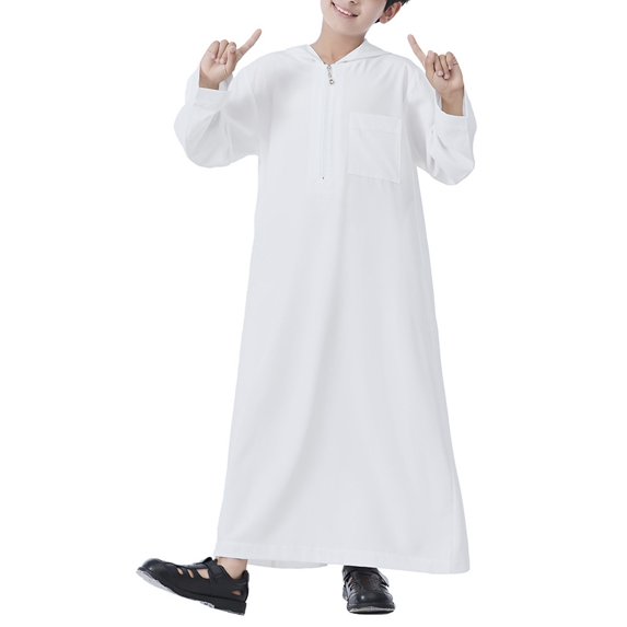 KAUOD Boys Half Zipper Abaya Thobe Plain Long 𝐈slamic Kids Hooded Kaftan Thobes Toddler Loose Eid Traditional Dress Clothes