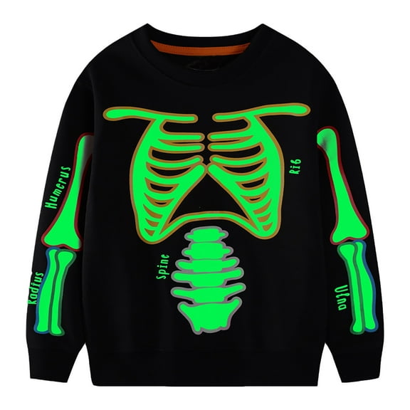 KAUOD Boys Halloween Skeleton Green Glitter Pullover Sweatshirts Kids Crew Neck Sparkle Long Sleeve Pullover Tops Clothes