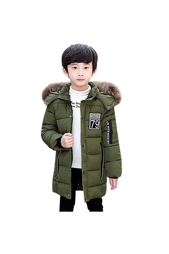Boys Long Puffer Parka Coats Padded Leather Waterproof down Jackets Kids Faux-F𝐮r Hood Quilted Ski Outwear with Pockets