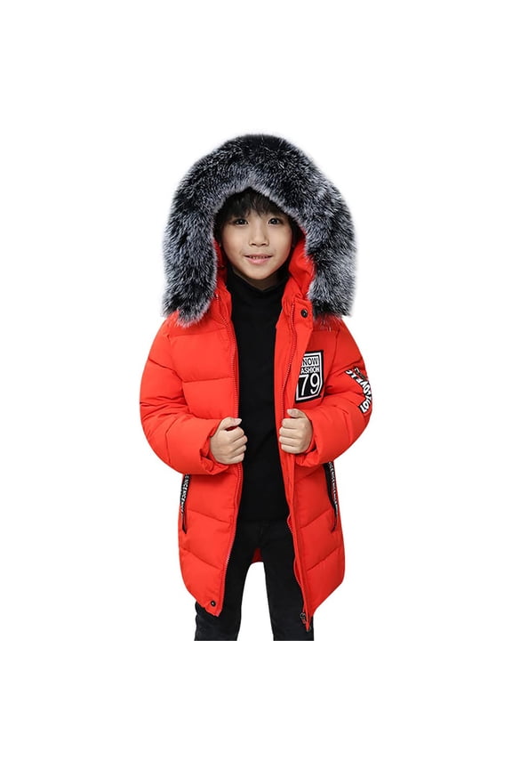 Boys Long Puffer Parka Coats Padded Leather Waterproof down Jackets Kids Faux-F𝐮r Hood Quilted Ski Outwear with Pockets