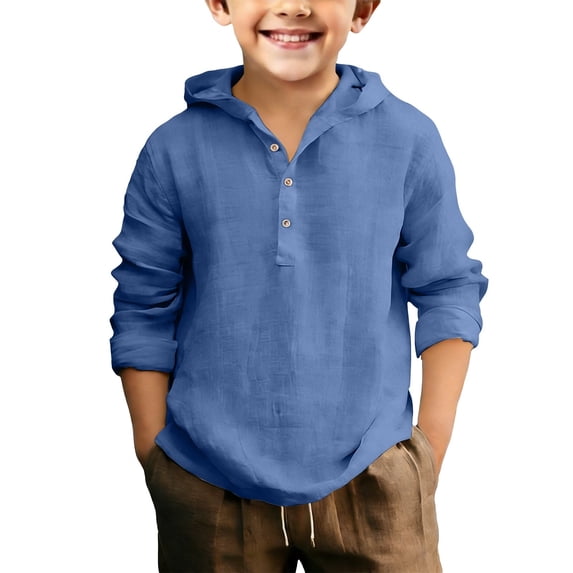 KAUOD Boys Long Sleeve Shirts Kids Hooded Half Button Up School Dress Shirts Teens Summer Lightweight Beach Plain Tees