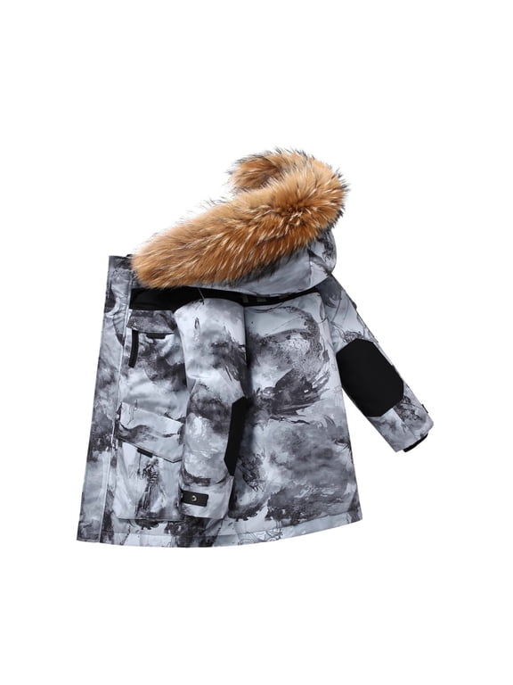 Boys Puffer Parka Coats Faux-F𝐮r Hood Winter Insulated down Jackets Kids Thick Warm Outdoor Hiking Puffer Outwear