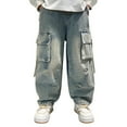thumbnail image 1 of KAUOD Boys Ripped Cargo Jeans Loose High Waist Straight Wide Leg Hip Hop Denim Pants Retro Multi Pocket Stretchy Trousers, 1 of 9