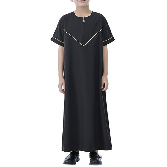 KAUOD Boys Short Sleeve Muslim Thobes 𝐈slamic Kids Half Zipper Eid Traditional Prayer Kaftan Thobes Toddler Abaya Clothes