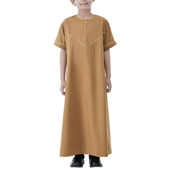 KAUOD Boys Short Sleeve Muslim Thobes 𝐈slamic Kids Half Zipper Eid Traditional Prayer Kaftan Thobes Toddler Abaya Clothes