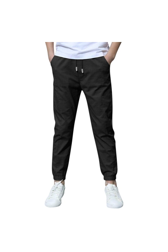 Boys Straight Uniform Pants Thin Cuff Elastic Waist Plain Long Trousers with Pockets Kids Pull on Casual Trousers