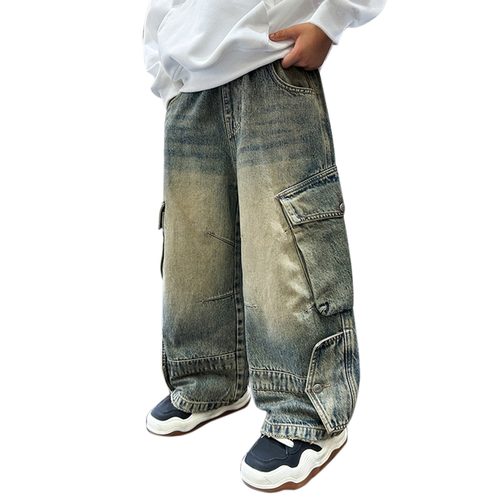 KAUOD Boys Y2k Hip Hop Baggy Jeans Wide Leg Elastic Waist Denim