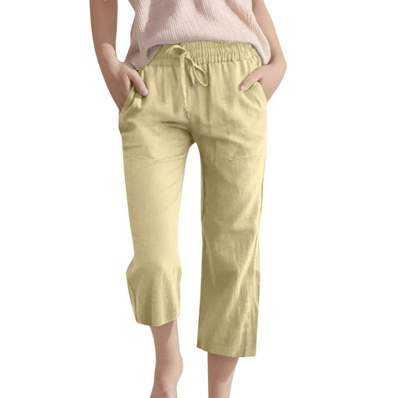 KAUOD Capris Pants for Girls Summer Loose Cotton Linen Straight Wide Leg Drawstring Elastic Waist Solid Cropped Trousers