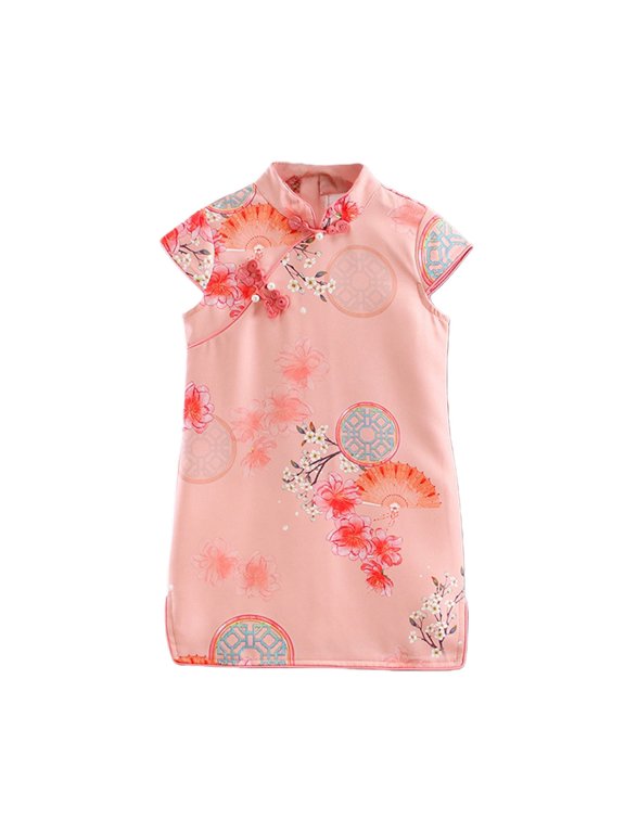 Chinese Qipao Dress for Girls Cap Sleeve Cute Loose Cheongsam Kids Casual Midi Dress Trendy Comfy Summer Dresses