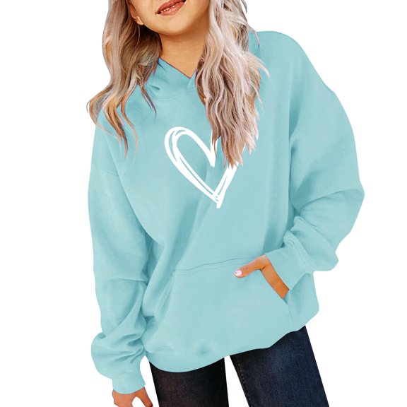 KAUOD Oversized Heart Print Hoodies for Girls Cotton Soft Cute Pullover Hoodie Sweatshirts with Pockets Kids Clothes