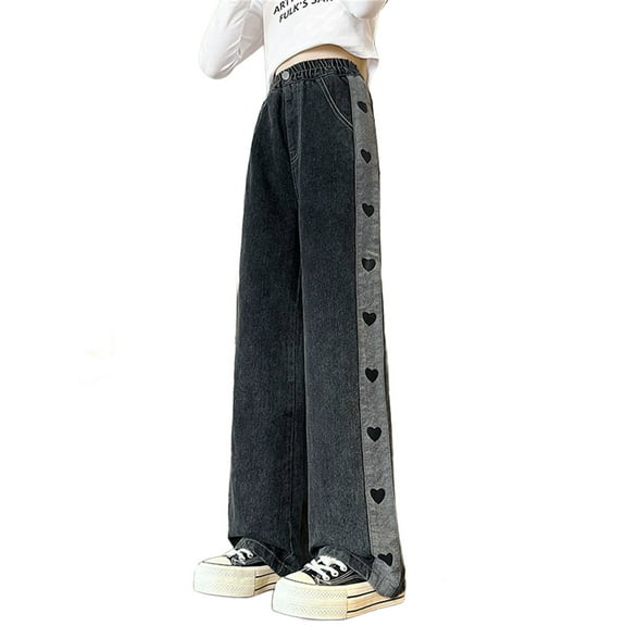 KAUOD Cute Jeans for Teen Girls Y2K Heart Baggy Jeans High Elastic Waist Straight Leg Boyfriend Jeans Wide Leg Denim Pants