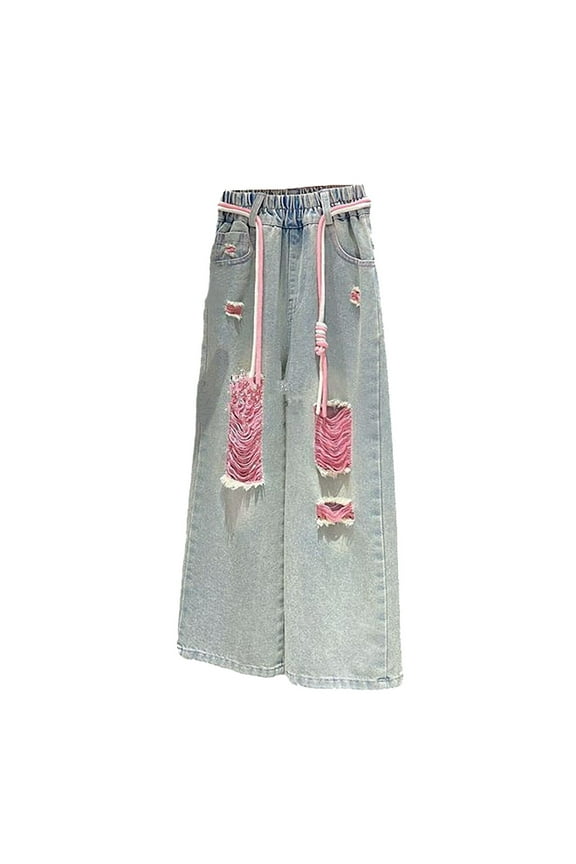 Cute Ripped Jeans for Girls Baggy Jeans Kids High Elastic Waist Wide Leg Distressed Denim Pants Loose Y2K Streetwear