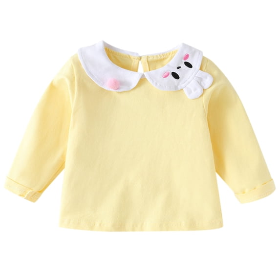KAUOD Easter Baby Girl Kids Blouses Long Sleeves Solid Color Doll Collar T-Shirt Top Cute Bunny Basic Ruffle Shirt Spring Outfits