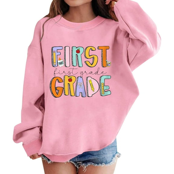 KAUOD First Grade Boys Girls Pullover Sweatshirt Preppy Kids First Day Back to School Long Sleeve Crewneck Loose Clothes