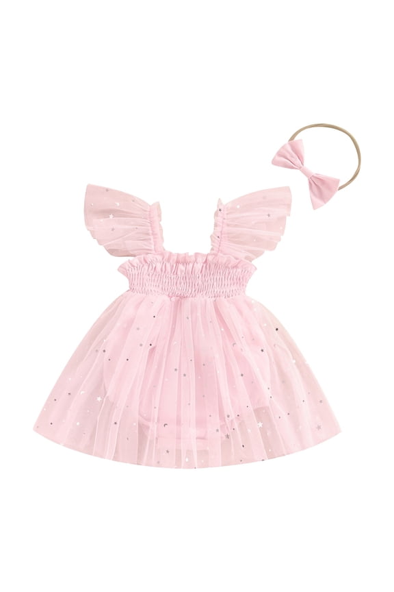 Flutter Sleeve Star Sequins Princess Dress Romper for Toddler Girls Kids Tulle Lace Square Neck Party Short Jumpsuit