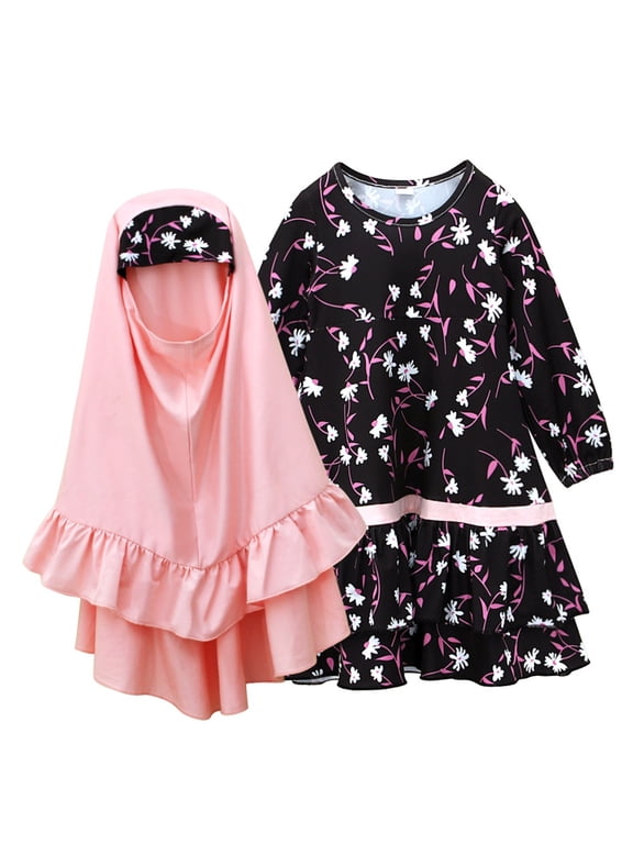 Frock Dress for Girl's Long Sleeve Floral Long Dresses + Solid Colour Head Prayer Abaya Ramadan Clothes Outfits