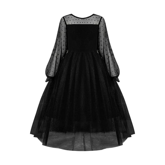 KAUOD Girl's Black Dresses Contrast Mesh Puff Long Sleeve High Waist A Line Short Dress with Pockets for 3 to 12 Years