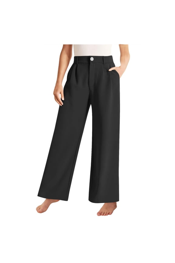 Girl's Button Down Elastic High Waist Wide Leg Dress Pants Business Casual Solid Trousers with Pockets Pants
