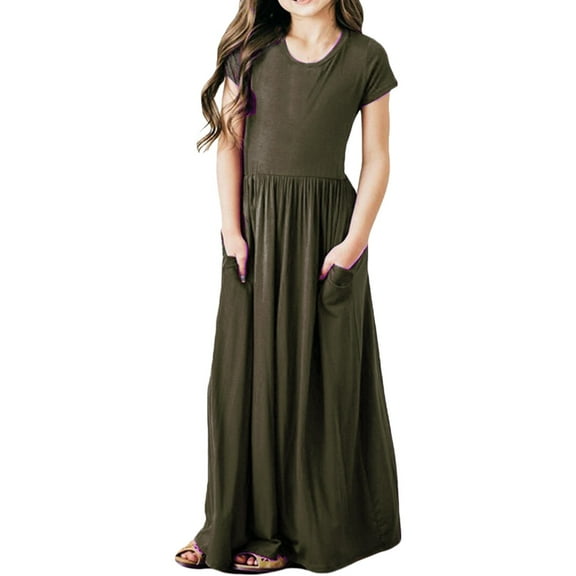 KAUOD Girl's Short Sleeve Simple Long Maxi Dress with Pockets Summer Solid Floor Length Cotton Waist Tiered Dresses