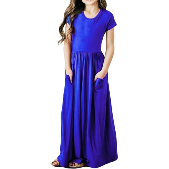 KAUOD Girl's Short Sleeve Simple Long Maxi Dress with Pockets Summer Solid Floor Length Cotton Waist Tiered Dresses