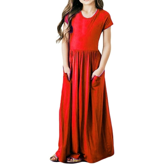 KAUOD Girl's Short Sleeve Simple Long Maxi Dress with Pockets Summer Solid Floor Length Cotton Waist Tiered Dresses