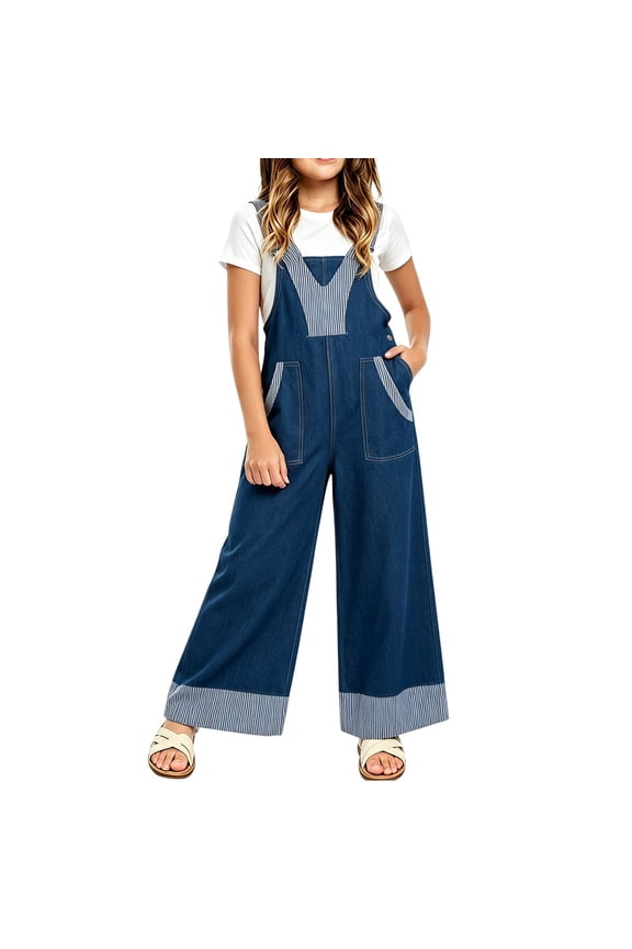 Girl's Wide Leg Denim Overalls Striped Trim Patchwork Adjustable Straps Baggy Jeans Jumpsuits Straight Leg One Piece Outfits