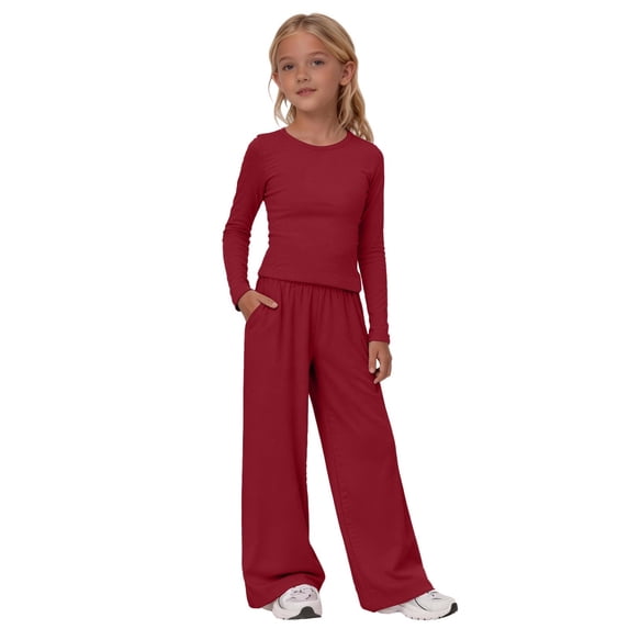 KAUOD Girls 2 Piece Set Spring Outfits Long Sleeve Shirt and Wide Leg Pants Set Teen Kids Trendy Soft Casual Clothes
