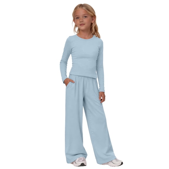 KAUOD Girls 2 Piece Set Spring Outfits Long Sleeve Shirt and Wide Leg Pants Set Teen Kids Trendy Soft Casual Clothes