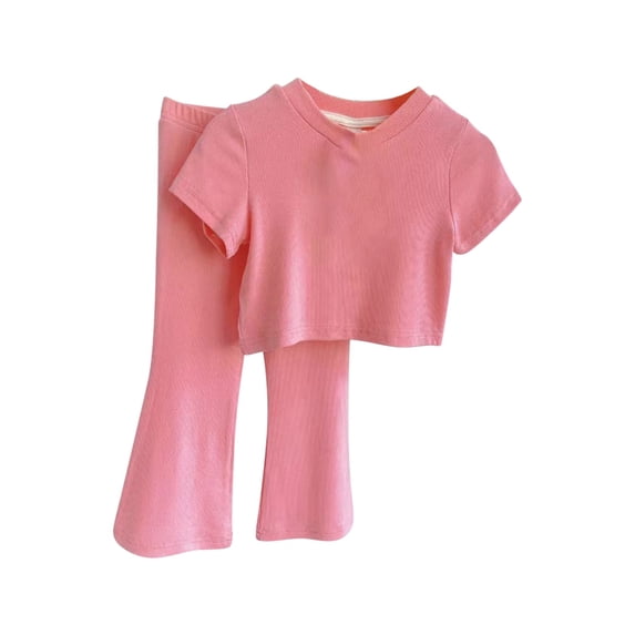 KAUOD Girls 2 Piece Soft Tops Pants Sets Short Sleeve V Neck Stretchy T Shirts+wide Leg Straight Long Pants Summer Outfits