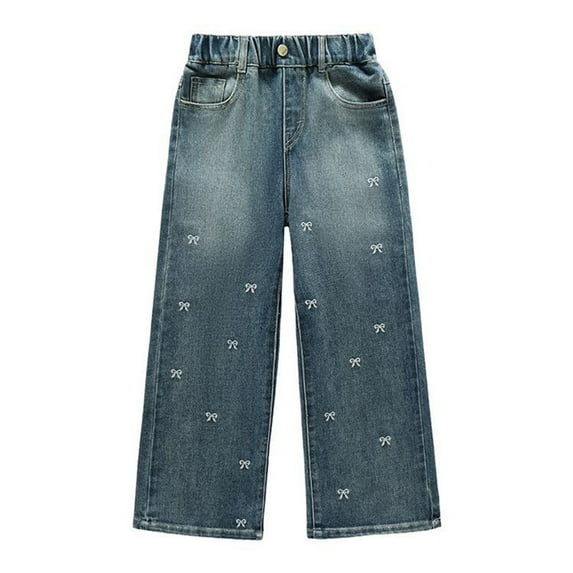 KAUOD Girls Baggy Jeans Bowfront Cropped Wide Leg Denim Pants Kids High Waist Washed Straight Streetwear Trousers with Pockets