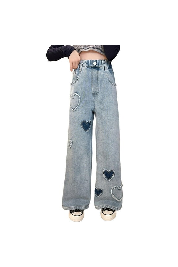 Girls Baggy Jeans Cute Heart Applique Straight Wide Leg High Elastic Waist Y2k Washed Denim Pants Cargo Streetwear