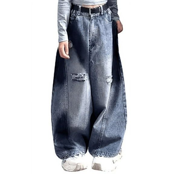 KAUOD Girls Baggy Jeans High Elastic Waist Wide Leg Denim Pants Y2K Hip Hop Streetwear Kids Loose Distressed Boyfriend Jeans