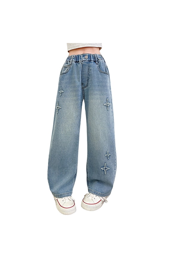 Girls Baggy Jeans Star Distressed Embroidery Cargo Denim Pants Teen Kids Wide Leg Flare Jeans Trousers with Pockets
