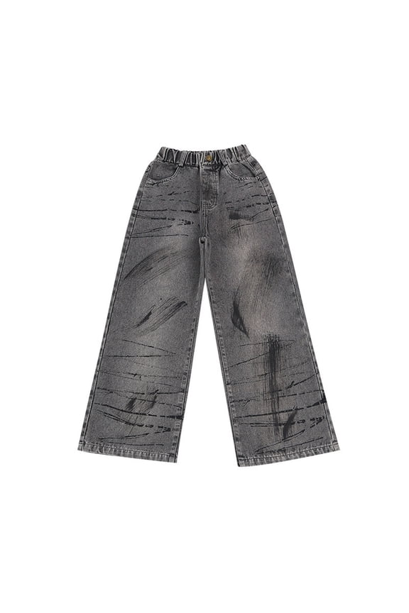 Girls Baggy Jeans Straight Wide Leg Denim Pants Kids High Elastic Waist Y2K Jeans Distressed Washed Boyfriend Jeans