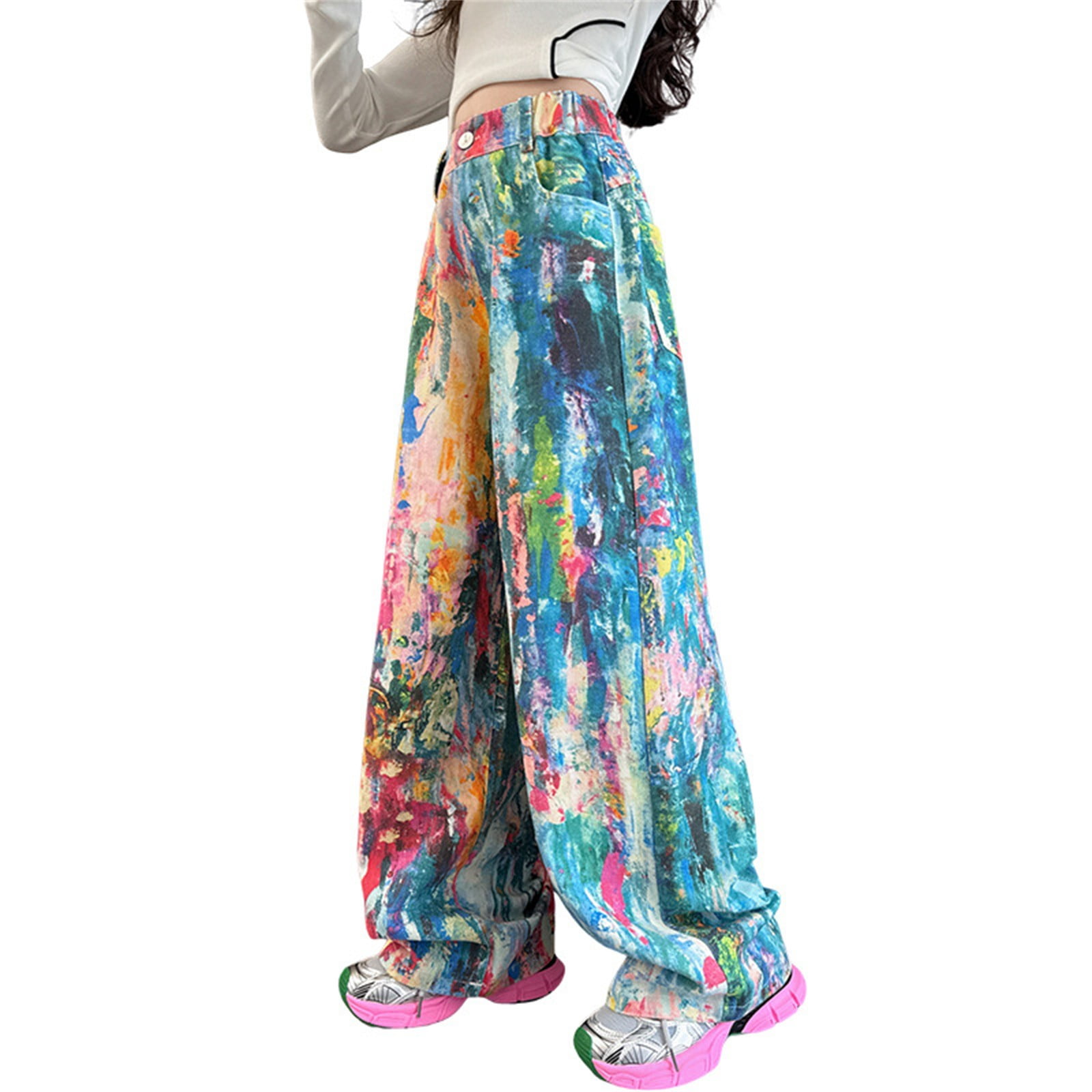 Women's Jeans Washed Tie-dye Wide Leg Straight Baggy Pants