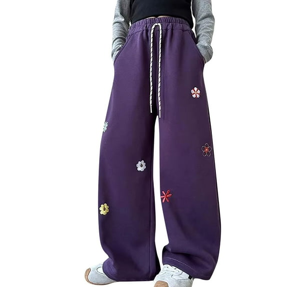 KAUOD Girls Baggy Sweatpants Cute Wide Leg Flower Embroidery Barrel Pants Spring Fall Elastic Waist Pocket Joggers Pant