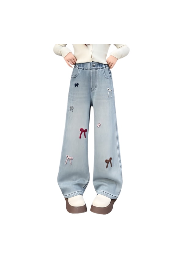 Girls Baggy Wide Leg Jeans Elastic Mid-Wasit Denim Pants with Checkerboard/Butterfly Embroidery Kids Teens Straight Leg Pants