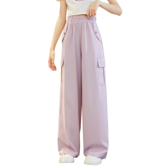 KAUOD Girls Baggy Wide Leg Uniform Pants with Pockets Teen Kids Soft Cotton Dress Trousers Plain Straight Slim Fit Pants
