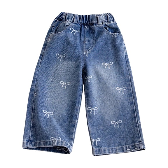KAUOD Girls Bowfront Baggy Jeans Wide Leg Pull on Cute Denim Pants Kids Toddler Elastic High Waist Cropped Denim Trousers