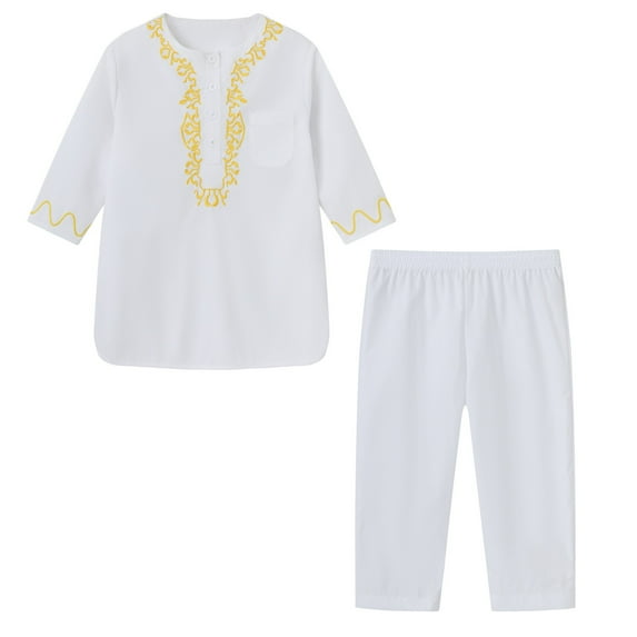 KAUOD Girls Boys Muslim Clothing Long Sleeve Kaftan Set Middle East Youth Embroidered Top with Pants Suit Islamic Abaya