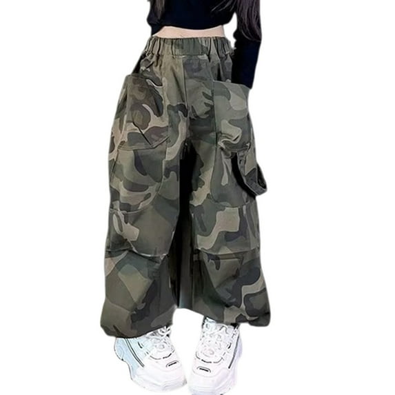 KAUOD Girls Camo Cargo Pants Baggy Wide Leg Elastic Waist Sweatpants Spring Fall Trendy Streetwear Pocket Joggers Pants