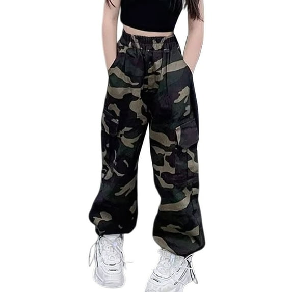 KAUOD Girls Camo Cargo Pants Baggy Wide Leg Elastic Waist Sweatpants Spring Fall Trendy Streetwear Pocket Joggers Pants