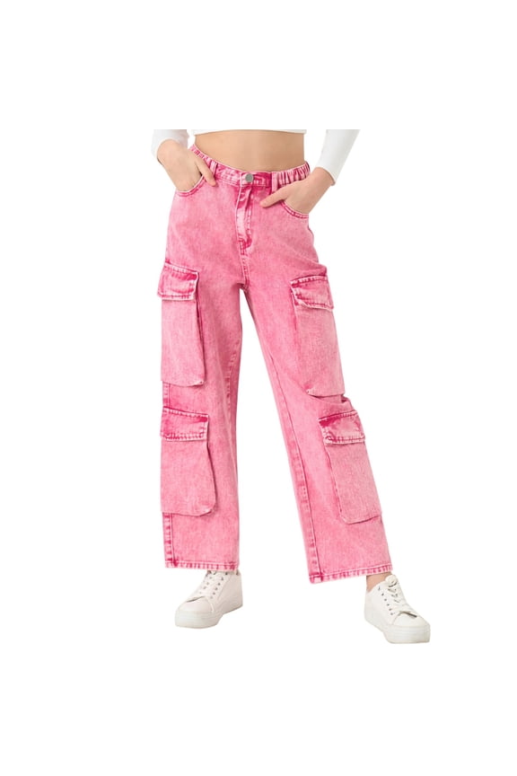 Girls Cargo Jeans Baggy Wide Leg Multi Pockets Denim Pants Kids Plain Cute Straight High Waist Retro Denim Trousers