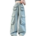 thumbnail image 1 of KAUOD Girls Cargo Pants Baggy Y2K Cargo Jeans Wide Leg Pants Girls High Waist Straight Leg Boyfriend Jeans with Multi Pockets, 1 of 7