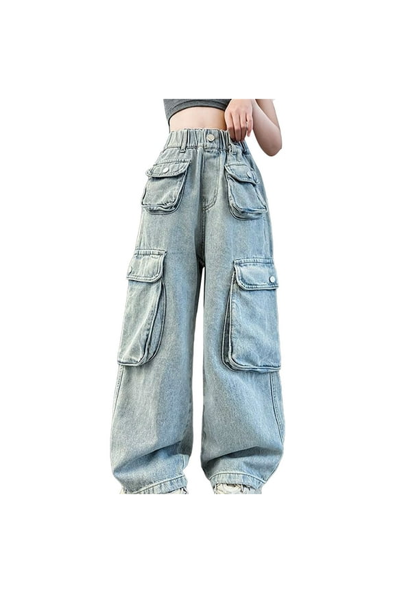 Girls High Waisted Straight Wide Leg Cargo Jeans Loose Denim Pants Multiple Pocket Washed Joggers Skater Streetwear