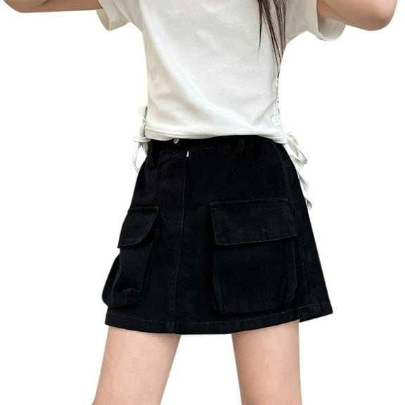 KAUOD Girls Cargo Skort Elastic High Waisted Stretchy Denim Skirt Retro Muti-Pockets Casual Jean Shorts for Preppy Teens
