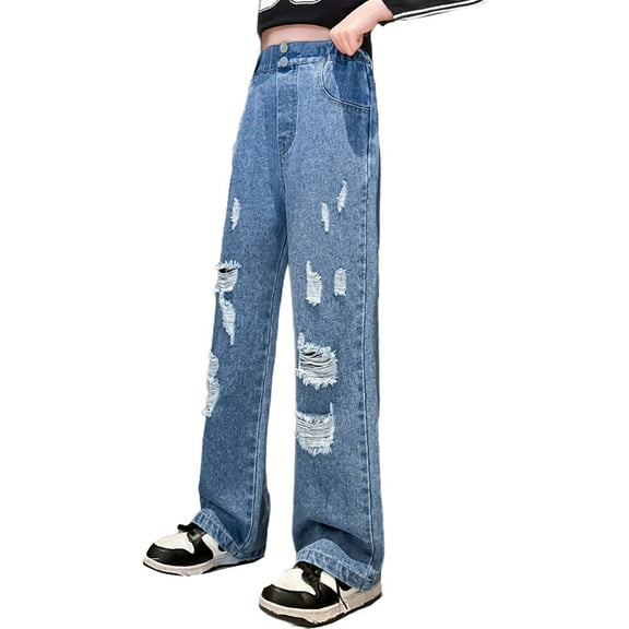 KAUOD Girls Cargo Wide Leg Jeans Y2K Kids Ripped Straight Elastic Wasit Denim Baggy Pants Multi Pocket Retro Hip Hop Leggings
