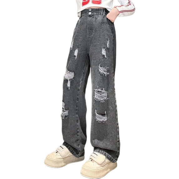 KAUOD Girls Cargo Wide Leg Jeans Y2K Kids Ripped Straight Elastic Wasit Denim Baggy Pants Multi Pocket Retro Hip Hop Leggings
